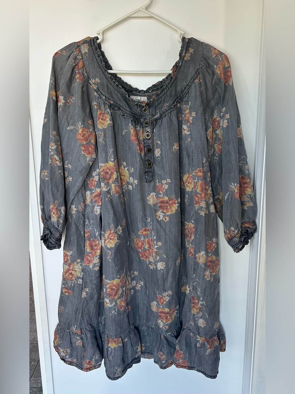 Easel Los Angeles Floral Washed Chambray 100% Tencel Boho Mini Dress - Small